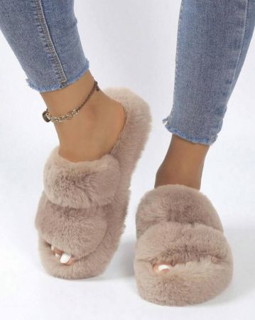 للنساء موحد اللون حزام مزدوج شبشب , كاجوال قطيفي منصة حذاء سلايد , دافئ نعال منزلرمضان