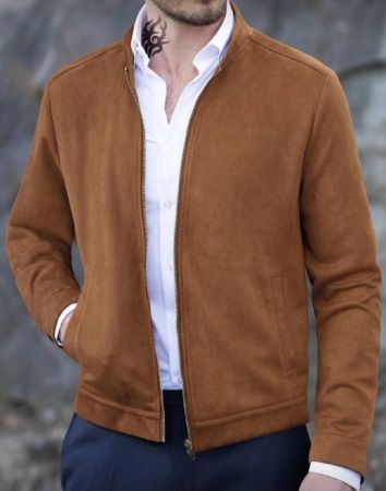 Manfinity Mode جاكيت سويدية مزودة بسحاب للرجال, جاكيت دراجات نارية, لون واحد, بأكمام طويلة, للخروج, كاجوال, هدية للصديق