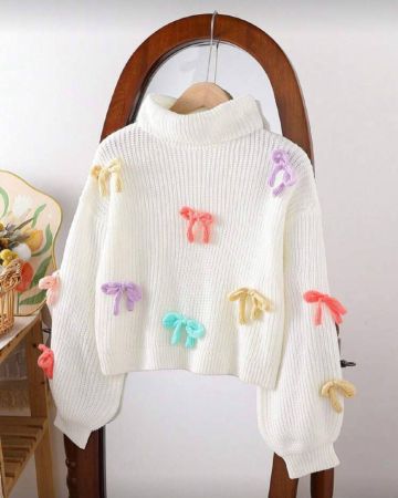 كنزة صوفية للفتيات مزينة بفراشة ذات رقبة عالية ، للخريف / الشتاء