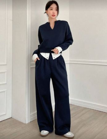 DAZY مجموعة بنطلون وبلوزة رياضية للنساء بياقة على شكل حرف V مع تباين في الألوان، ملابس نسائية للخريف