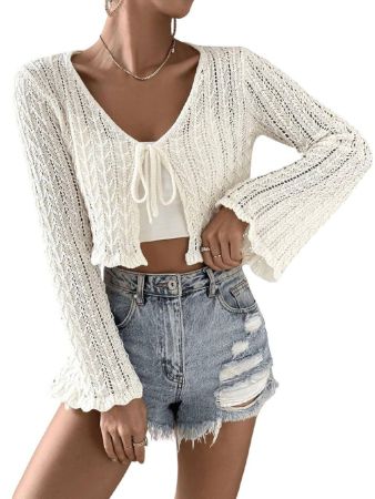 بلوزة قصيرة نسائية من SOLY HUX برباط أمامي وأكمام طويلة من الكروشيه، لون مشمشي سادة، مقاس كبير