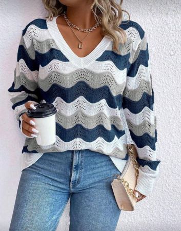 كنزة صوفية قطن للسيدات متعددة الألوان ذات رقبة على شكل V وأكمام طويلة مخططة، موضة بسيطة متعددة الاستخدامات، مناسبة للخريف والشتاء ، مقاس كبير