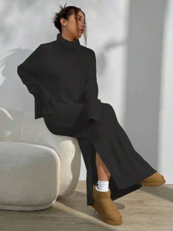 طقم Flirla مكون من قطعتين: سترة وتنورة بياقة مدورة بلون واحد، طقم كاجوال متناسق للخريف والشتاء