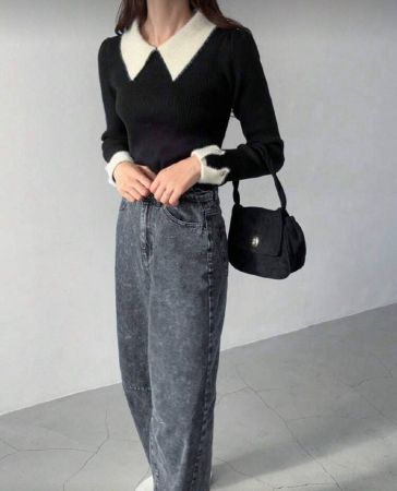 FRIFUL كنزة صوفية كاجوال محبوكة بأكمام طويلة وياقة ملونة، خريف/شتاء، ملابس علوية بأكمام طويلة، ملابس نسائية للخريف