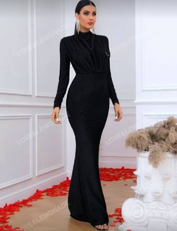 LOVE&LEMONADE فستان ملبك من الأمام مزين بالترتر، أسود أنيق بأكمام طويلة لحفلات السهرة الرسمية والسجادة الحمراء، مناسب لضيوف الزفاف والتخرج والعشاء والحفلات