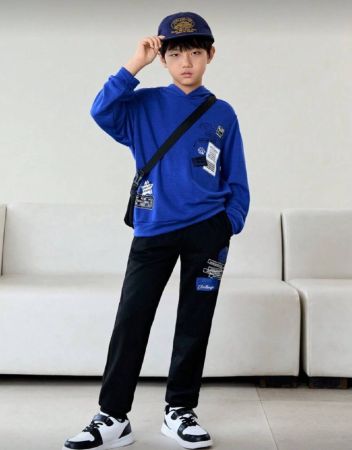 SHEIN هودي وبنطلون رياضي بطباعة شعار ولد طفل