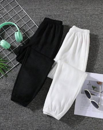 SHEIN بناطيل رياضي موحدة اللون خصر مرن مبطن حراري 2 قطع بنت طفل