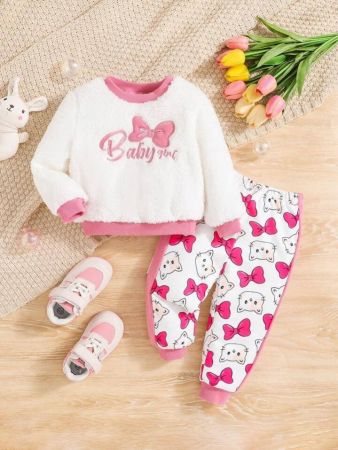 طقم سويت شيرت وبنطال بأكمام طويلة مزين بفيونكة للبنات الصغار من SHEIN