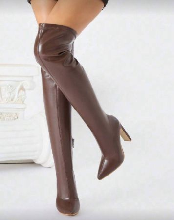 بوت نسائية ذات كعب عالي وأصبع مدبب مع سحاب جانبي، للخريف والشتاء، بوت جذابة للنوادي الليلية، بوت فوق الركبة، من الجلد والجلد اللامع، باللون البني