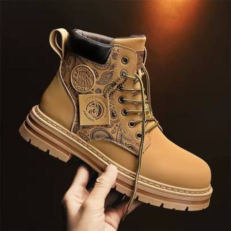 أحذية رجالية أنيقة بنقشة زهور بيزلي، أحذية كارغو كلاسيكية سميكة القاعدة، أحذية كاحل عصرية عالية الرقبة، أحذية دراجات نارية