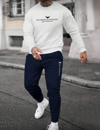 مجموعة بنطلون وبلوزة رياضية للرجال 2 قطعة، ملابس علوية كاجوال بياقة طاقم أبيض بأكمام طويلة، بنطلون رياضي أزرق داكن بخصر مطاطي وسحاب، مطبوع عليه رسومات حرفية