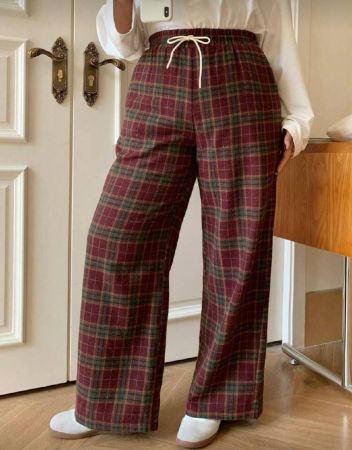 Dazy Petite Plus بنطلون كاجوال طويل فضفاض ذو خصر مطاطي مربعات، أحمر لعيد السنة الصينية الجديدة، مناسب لجميع المواسم