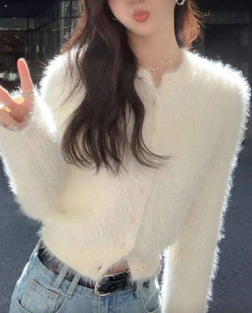 Alicedudu كارديجان كنزة صوفية صوفية كاجوال بياقة مستديرة ناعمة ذات لون أحادي، خريف/شتاء