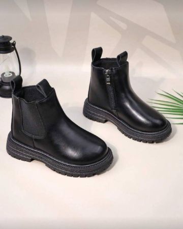 زوج من بوت تشيلسي للأطفال/الأطفال الصغار من الجلد الناعم الأسود والقماش المطاطي، برأس مستدير، وبنعل مانع للانزلاق، أنيقة وجميلة، مناسبة للأولاد والبنات، للاستخدام اليومي، المدرسة، والمناسبات، للخريف والشتاء