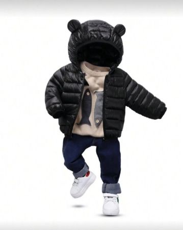 معطف مبطن بقلنسوة بتصميم أذن 3D للفتى الصغير