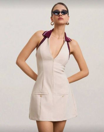 COSMINA فستان قصير كاجوال بدون أكمام وجيوب بألوان متباينة