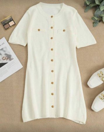 INAWLY فستان كاجوال قصير بأكمام قصيرة بأزرار أمامية ، لون أحادي بتصميم بسيط بجيب وهمي للنساء