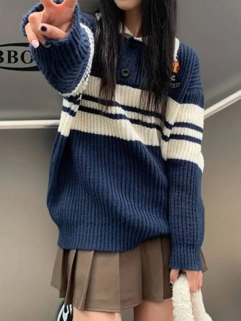 سترة بولو نسائية من قطعة واحدة مطرزة بدب لطيف وكتلة ملونة، بأكمام طويلة