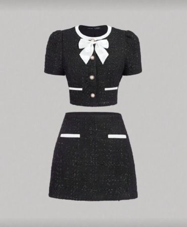 SHEIN MOD مجموعتان للنساء سترة ذات ربطة عنق جميلة عتيقة من القماش المنسوج وتنورة قصيرة، معطف شتوي للنساء، مجموعتان من قطعتين للموسم الانتقالي، ملابس كاجوال رسمية للنساء