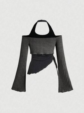 SHEIN MOD تي شيرت بأكمام واسعة وخصر بسحاب غير متماثل، قطعتان في واحد