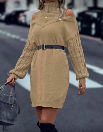 SHEIN LUNE فستان كنزة صوفية طويل الأكمام بتصميم كروشيه ذو رقبة عالية ومفرغ، أنيق لملابس السنة الجديدة