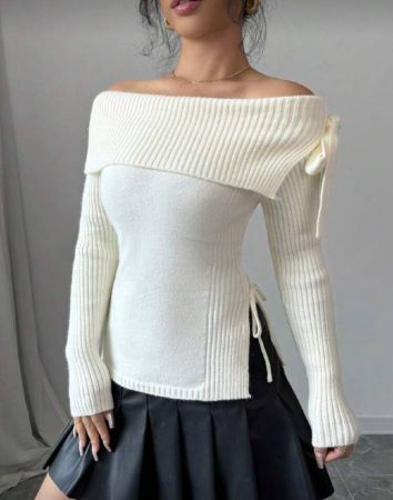 Elenzga كنزة أكمام طويلة من الحياكة المضلعة، ياقة غير متناظرة عادية، للخريف/الشتاء، ملابس علوية أكمام طويلة