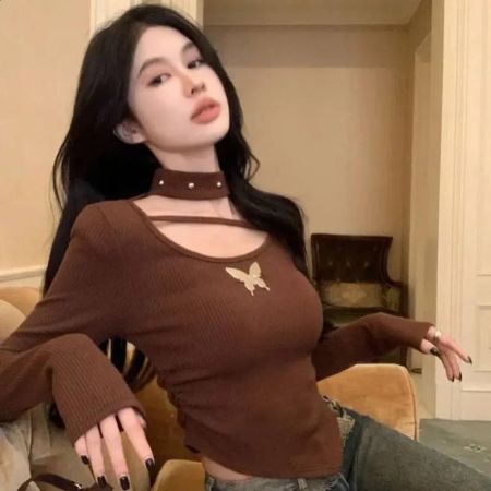 تي شيرت نسائي بأكمام طويلة ورقبة دائرية مطبوعة جذابة، موضة ربيع/صيف، بتصميم غير منتظم من الأسفل، رقم 240926