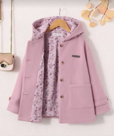 SHEIN معطف تفاصيل مرقع بعبارة جيب مزدوج قبعة بنت طفل