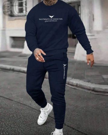 مجموعة بنطلون وبلوزة رياضية للرجال 2 قطعة، ملابس علوية كاجوال كم طويل بياقة طاقم باللون الأزرق الكحلي، بنطلون جوجر بخصر مطاطي وسحاب باللون الأزرق الكحلي، مطبوع عليها رسومات حرفية