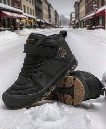 زوج من بوت الثلج للمراهقين، باللون الأسود، بنظام ربط بسحاب وخيط، بتصميم حرفي، بنعل سميك من مطاط TPR، بزخرفة حرفية من القماش، بتصميم أنف دائري متوسط الطول، مبطنة بفرو، مناسبة للاستخدام اليومي والخارجي في الشتاء، بوت ثلج سوداء للمراهقين