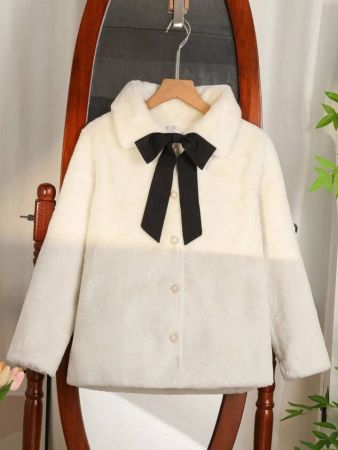 سترة دافئة أنيقة من الفرو الأبيض للفتيات المراهقات، مزينة بفيونكة، مناسبة للخريف/الشتاء