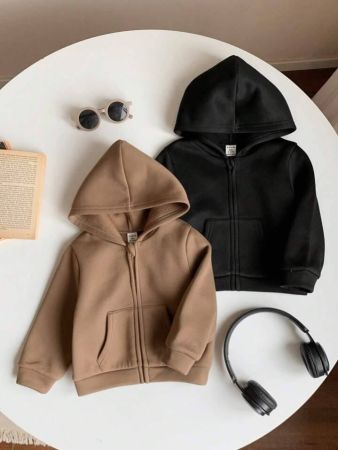 طقم جاكيت كلاسيكي أسود ورمادي، قطعتين من SHEIN بقلنسوة مريحة بلون واحد للأولاد والبنات، مناسب للخريف والشتاء