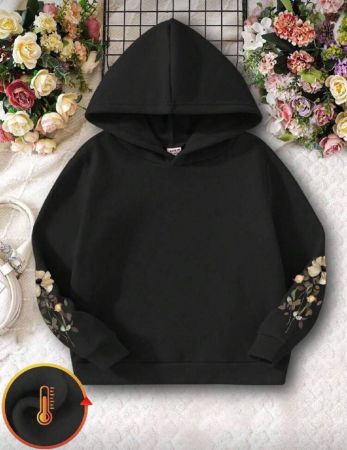 INAWLY سحاب جيب الكانجارو مطبوع بالزهور، مقصور رباط سحب مبطّن حراري، قميص كنزة أخطبوط شتوي