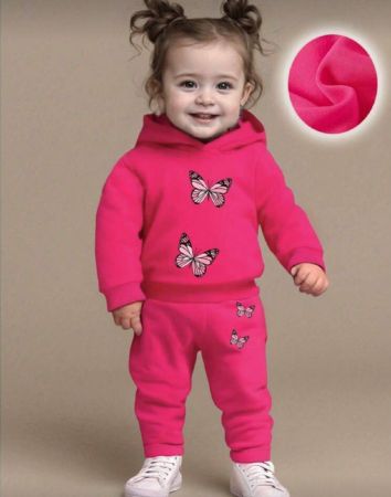 مجموعة من بنطلون وبلوزة رياضية تغطية الرأس مطبوع عليها فراشات للأطفال البنات ، رسمية وأنيقة للخريف/الشتاء 2 قطعة