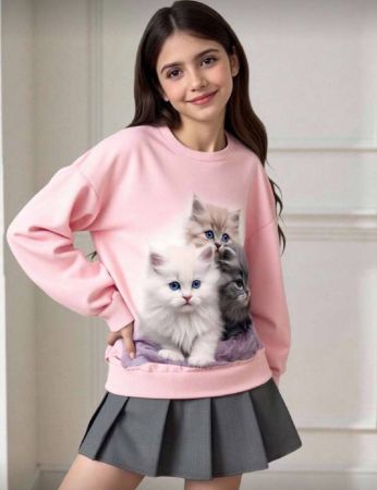SHEIN بلوزة بياقة طاقم وأكمام طويلة مطبوع عليها رسم قطة، مناسبة للفتيات في سن المراهقة للاستخدام اليومي في فصلي الخريف والشتاء