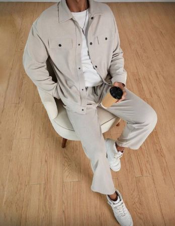 Manfinity Hypemode بدلة رجالية كاجوال من قطعتين، سترة وبنطلون بنسيج مبرقع وملمس قطني، ملابس خريفية