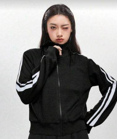 DAZY بلوزة رياضية مقلمة مع سحاب جانبي، جاكيت بأكمام طويلة