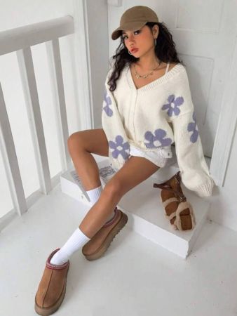 سترة كارديجان نسائية محبوكة بنقشة زهور