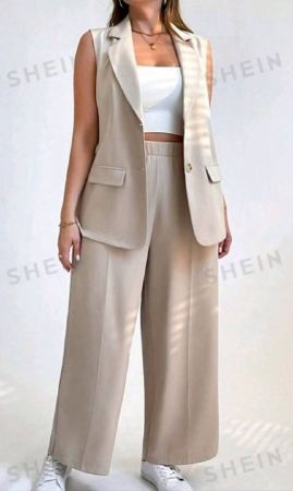 SHEIN Essnce ملابس النساء لموسمي الصيف والخريف، ملابس نسائية موسم الخريف، ملابس نسائية لأعمال المرأة، ملابس نسائية عصرية كاجوال للتنقلات والعطلات والعمل والمكتب، ملابس عصرية للرسمية، ملابس ذات مقاسات كبيرة لون واحد أزرار أمامية وأكمام بدون، سترات النساء للخريف