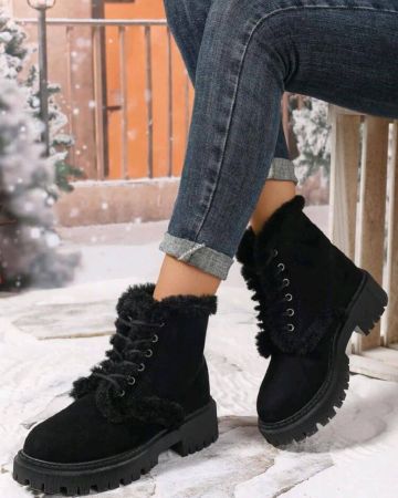 بوت ثلج نسائية دافئة للخروج، سهلة الارتداء، بنعل سميك مانع للانزلاق، بتصميم أنيق ومريح، بأصبع قدم دائري، مبطنة حرارياً، بنمط أربطة للاستخدام اليومي في الشتاء