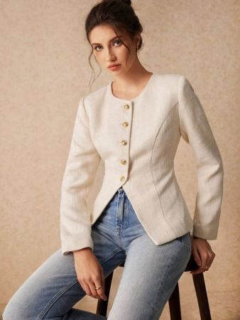 معطف نسائي أنيق من SHEIN Frenchy مزود بزر أمامي للإغلاق، ملابس ربيع/خريف، معطف رسمي للنساء، ملابس سيدات الأعمال، معطف زفاف، شقوق في الحافة، ملابس بحاشية غير متماثلة، ملابس أنيقة للخروج، معطف بلوزات، ملابس حفلات الشاي، معطف بأزرار، خريف وشتاء 2024