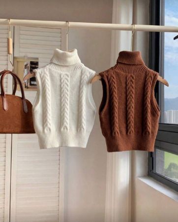 Comfortcana 2/قطعتان ملابس علوية نسائية صوفية بدون أكمام ذات طوق مجدول