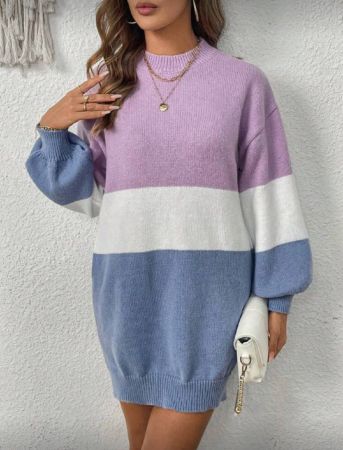 SHEIN LUNE فستان كنزة صوفية كاجوال طويل الأكمام جيب رقبة دائرية متعدد الألوان