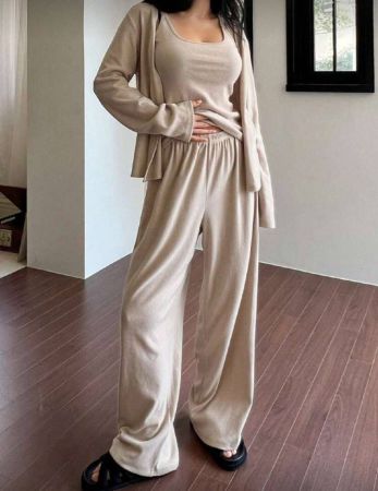 DAZY 3 قطع مجموعة ملابس داخلية مريحة من القماش المحبوك الناعم، تشمل: قميص كامي، كارديجان، وبنطلون، ملابس منزلية مناسبة للخريف والشتاء