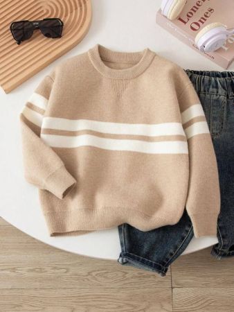 سترة محبوكة مخططة بألوان متعددة للأولاد الصغار، بلوفر كاجوال برقبة دائرية وأكمام طويلة