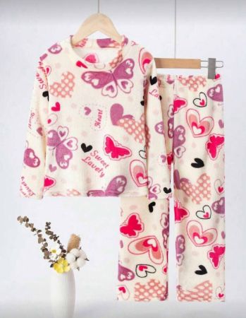 مجموعة بيجامات من الفلانيل للفتاة الصغيرة 2 قطعة، بتصميم القلب والفيونكة، ملابس داخلية سميكة دافئة بدلة استرخاء للبنات في فصلي الخريف والشتاء