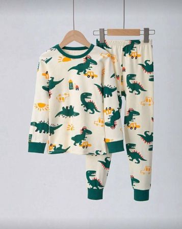طقم بيجامة طباعة ديناصور شريط متباين ولد طفل