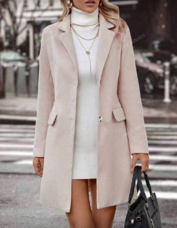 معطف كارديجان طويل بأكمام طويلة وأزرار أمامية، لون أحادي، مع طوق وتفاصيل أزرار، مصنوع من قماش محبوك قليل المرونة، مناسب للخريف والشتاء