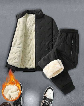 بدلة رياضية مبطنة بالحرارة للرجال، جاكيت دافئة سميكة عصرية مقترنة بسراويل رياضية ذات خصر مطاطي، مناسبة للخريف/الشتاء