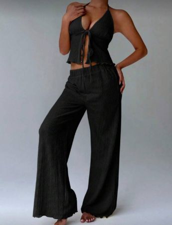 FavEase مجموعة ملابس علوية بياقة عالية مطوية مموجة وبنطلون واسع الساق، مريحة وعصرية